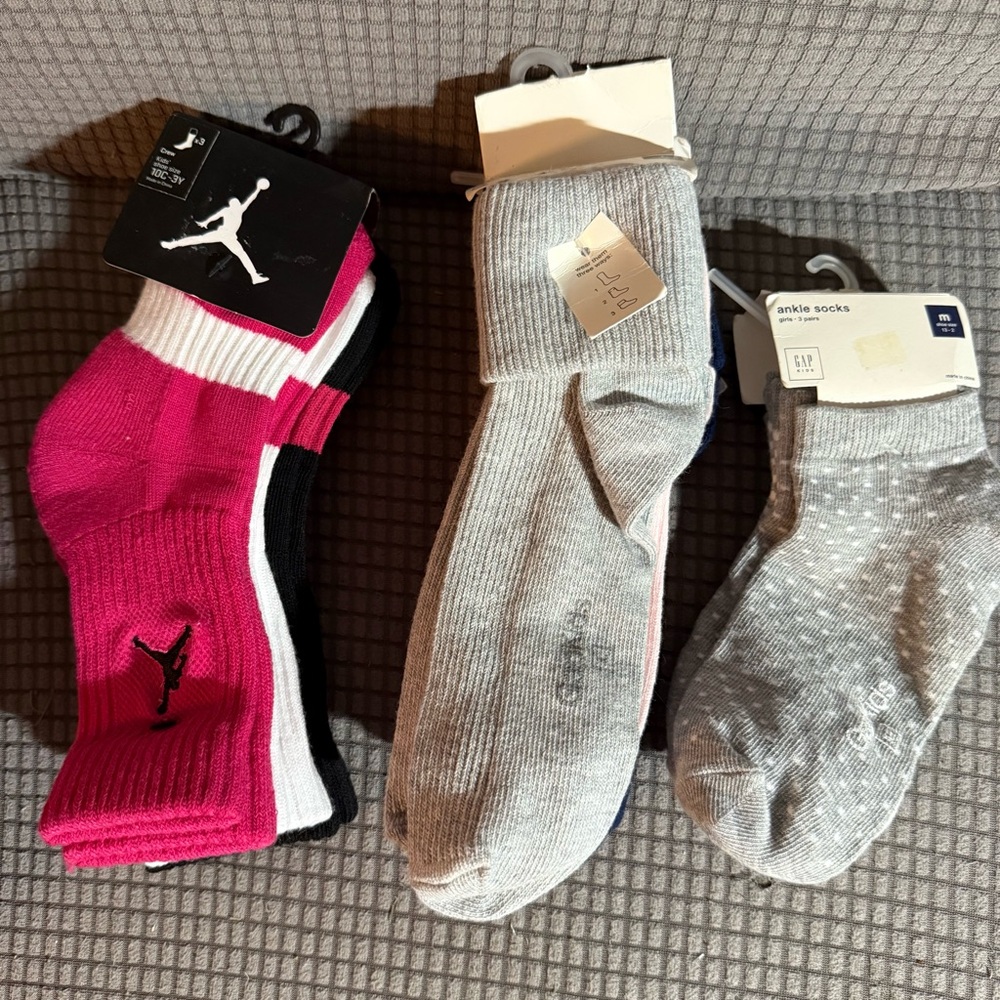 NWT Gap Kids & Air Jordan Crew Ankle Socks 3 Packs 9 Pairs Sz 10c-4y White Pink